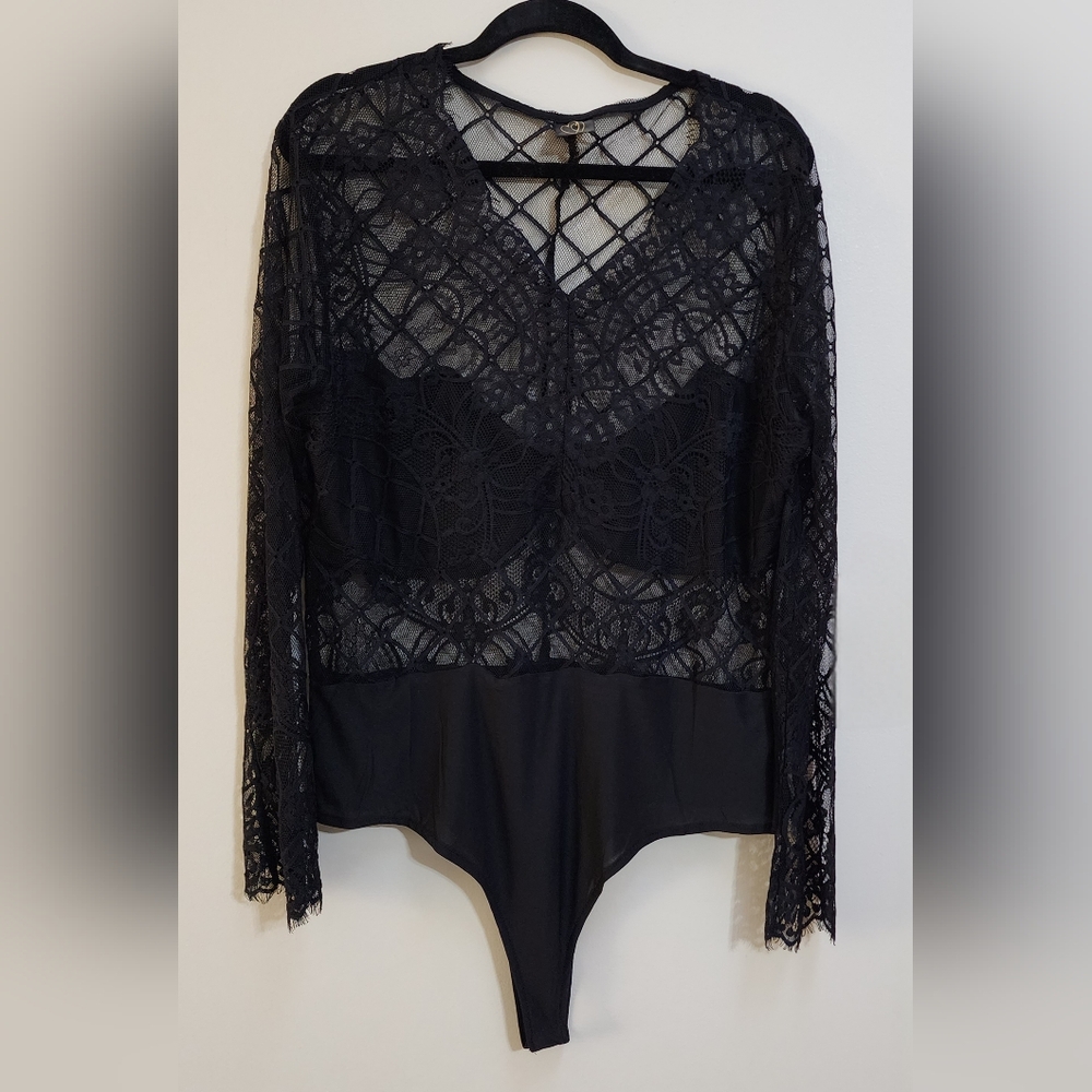 Elegant Vneck Black Lace Thong Bodysuit Women's Plus Size 1X